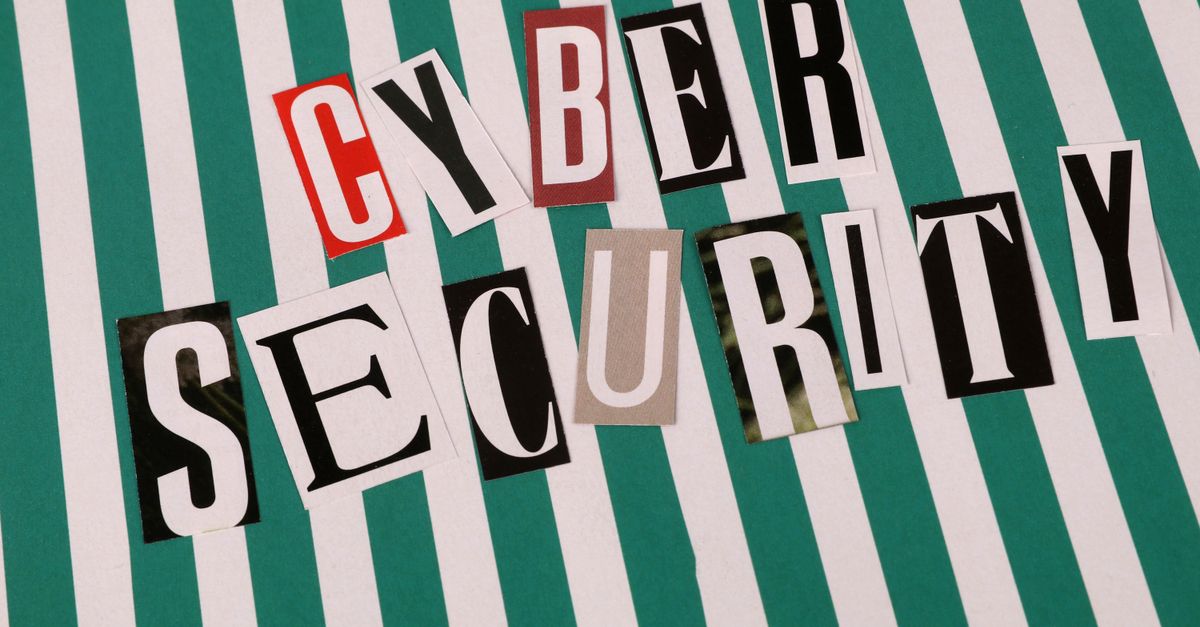 Cyber security concept depicted with a creative text collage on striped background.